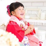 つまみ細工の寄せかんざし：お客様お写真 （コームタイプ） 3歳の七五三にあわせてオーダー制作させていただいたものです。 結べる長さの髪の毛の場合はコームの方が挿したときの金具は見えにくいです。 （2014年制作）